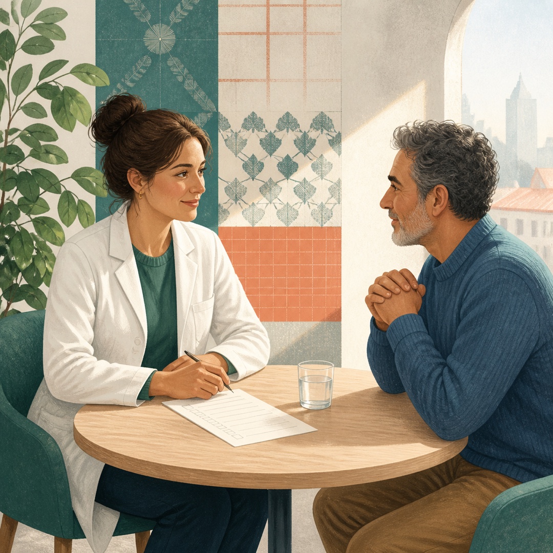 Illustration éditoriale d'un échange de prévention en pharmacie à Mulhouse